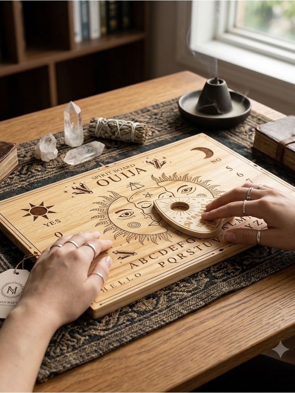 Wooden Ouija Spirit Board Set with DIY Planchette Celestial Sun Moon Altar